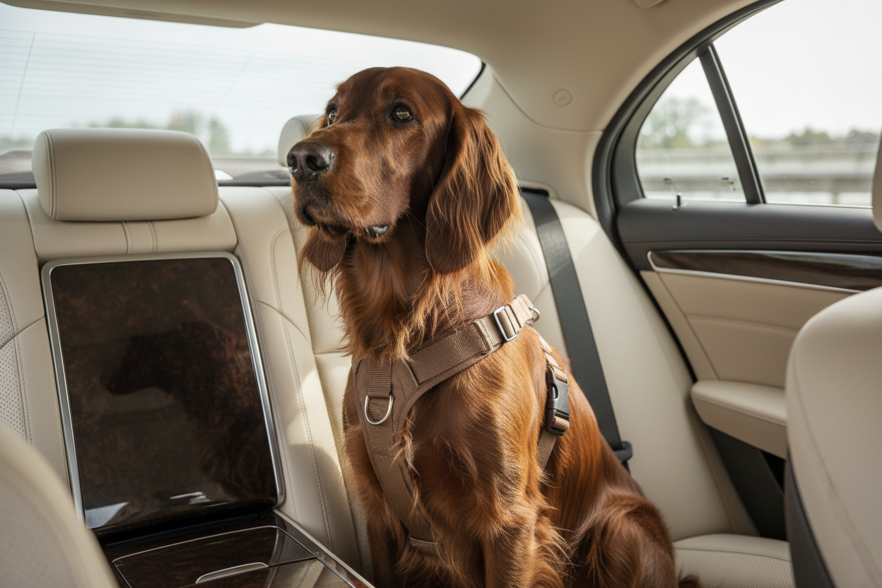 Setter Irlandais élégant en voyage sécurisé - Mon Empire Canin